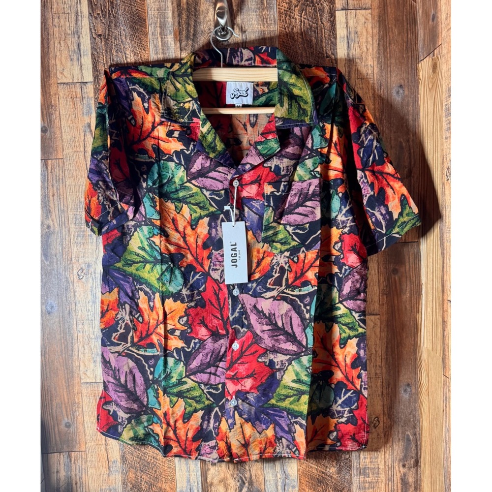 Jogal‎ Shirt Mens Medium Floral Leaf Print Short Sleeve Button Down Camp Collar
